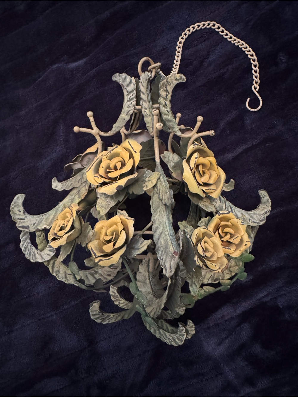 Vintage Hanging Toleware Yellow Roses Floral Birdcage Hollywood Regency Ball